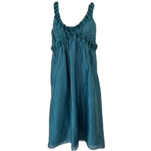 Max Studio Emerald Silk/Linen Blend Dress with Pom Pom Detail